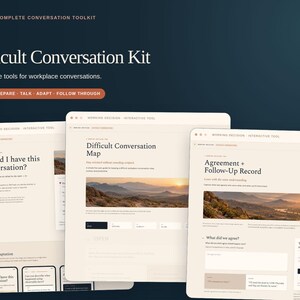 May include: A digital toolkit titled Difficult Conversation Kit by Working Decision, featuring three interactive document templates with a dark blue header and cream-colored pages. The text includes headings like Should I have this conversation?, Difficult Conversation Map, and Agreement + Follow-Up Record, with landscape photography of mountains.