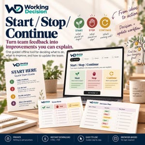 Puede incluir: Un kit de herramientas Working Decision Start/Stop/Continue que incluye un portátil con una interfaz de flujo de trabajo, una guía de inicio rápido, una hoja de ideas de equipo y un plan de decisión con iconos verdes, rojos y amarillos.