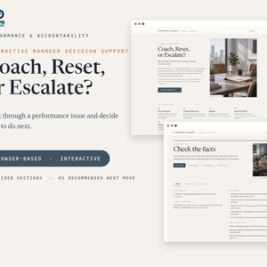 Könnte beinhalten: Eine digitale Benutzeroberfläche für Working Decision mit dem Text Coach, Reset, or Escalate? und zwei browserbasierten interaktiven Fenstern, die Inhalte zum Leistungsmanagement sowie Abschnitte zur Faktenprüfung und Entscheidungsunterstützung zeigen.