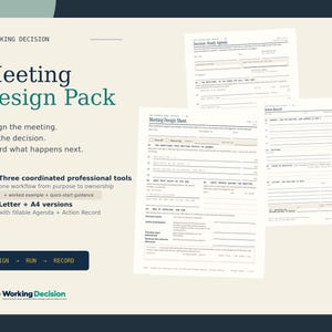 May include: A Meeting Design Pack document set featuring a Meeting Design Sheet, Decision-Ready Agenda, and Action Record. The text includes Working Decision, Design the meeting, Run the decision, Record what happens next, and Letter + A4 versions.