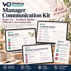 May include: A digital manager communication kit bundle featuring three screens displaying the Working Decision Better 1:1s, Feedback Builder, and Difficult Conversation Kit tools, plus a printed guide card, all with dark blue and white branding.