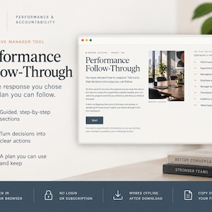 Könnte beinhalten: Eine digitale Benutzeroberfläche für das Working Decision Performance Follow-Through Tool. Der Bildschirm zeigt Text, ein Bild eines Konferenzraums und eine Liste mit acht Schritten. Symbole für Browserzugriff, kein Login, Offline-Nutzung und Druck.