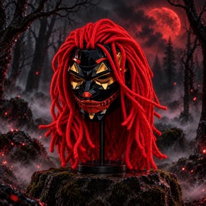 May include: A black and gold geometric mask featuring a prominent red, textured, yarn-like hair attachment. The mask displays sharp, angular facial features with gold accents around the eyes and a red lower section, mounted on a black stand.