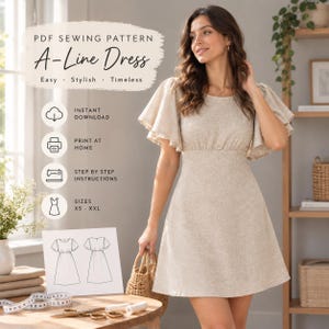 May include: A beige A-line dress with flutter sleeves and a round neckline. The image includes text: PDF SEWING PATTERN A-Line Dress, Instant Download, Print at Home, Step by Step Instructions, Sizes XS-XXL, and a line drawing of the dress.