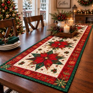 May include: A rectangular quilted table runner featuring a central pattern of large red and green poinsettia stars on a cream background, bordered by a red band with holly leaves and gold snowflakes, finished with a dark green outer edge trim.
