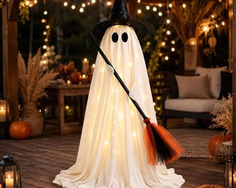 LED Lighted Ghost Witch with Broom, Halloween Porch Decor, Spooky Entryway Display