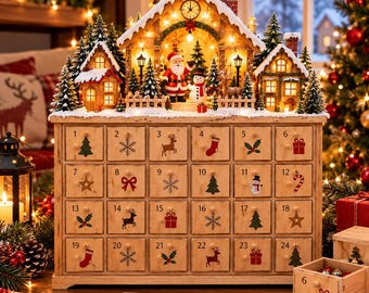 Calendário do Advento de Madeira Iluminado "Faça Você Mesmo" - Gavetas para Preencher, Cena Festiva (Lembrança Reutilizável)
