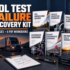May include: A CDL Test Failure Recovery Kit featuring 79 pages and 6 PDF workbooks. The set includes manuals for knowledge review, vehicle inspection, road rules, air brakes, hazmat, and driving skills, plus a notepad and a pen on a desk.