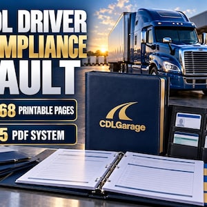 May include: A dark blue binder with the gold text CDLGarage, featuring an open planner with lined pages, a black card holder with four slots, and a black pen. The text CDL DRIVER COMPLIANCE VAULT, 68 PRINTABLE PAGES, and 5 PDF SYSTEM is visible.