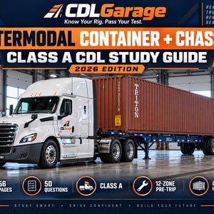 Könnte beinhalten: Ein weißer Sattelzug, der einen braunen Intermodal-Container auf einem blauen Fahrgestell zieht. Das Bild enthält den Text: CDLGarage, Intermodal Container + Chassis, Class A CDL Study Guide, 2026 Edition, 56 pages, 50 questions, 12-zone pre-trip, und Drayage/Intermodal.