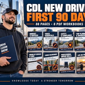 Könnte beinhalten: Ein CDL New Driver First 90 Days Lernset mit 88 Seiten und 8 PDF-Arbeitsbüchern. Die Sammlung umfasst spiralgebundene Leitfäden mit Titeln wie Mindset & Success, Truck Essentials, Safety & Compliance, Trip Planning und weitere, die alle abgebildet sind.
