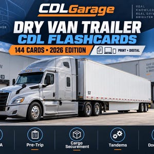 May include: A set of 144 Dry Van Trailer CDL flashcards for the 2026 edition, featuring a silver semi-truck with a white trailer. The design includes text such as CDLGarage, Study Practice Pass Drive Further, and icons for Class A, Pre-Trip, Cargo Securement, Tandems, and Dock Safety.