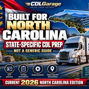 Op de afbeelding: Een promotionele afbeelding voor CDLGarage met een witte vrachtwagen op een snelweg, de vlag van North Carolina en tekst waaronder 'BUILT FOR NORTH CAROLINA', 'STATE-SPECIFIC CDL PREP', 'NOT A GENERIC GUIDE' en 'CURRENT 2026 NORTH CAROLINA EDITION'.