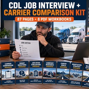 May include: A CDL Job Interview and Carrier Comparison Kit featuring 87 pages and 8 PDF workbooks. The set includes guides for interview prep, carrier comparison, smart questions, job offer evaluation, company research, and career goals.