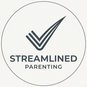 May include: A circular logo featuring a dark gray checkmark icon composed of three parallel lines. Below the icon, the text "STREAMLINED PARENTING" is printed in a dark gray, sans-serif font. The entire design is set against a light off-white background.