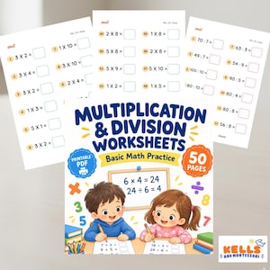 Folhas de exercícios de multiplicação e divisão | 50 páginas de matemática básica para imprimir | Prática de matemática para o 1º ano do Ensino Fundamental
