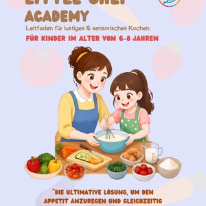 May include: A digital illustration titled Little Chef Academy featuring an adult and a child cooking together. They are mixing ingredients in a blue bowl surrounded by bowls of vegetables, flour, and milk. The text includes the title and educational goals.