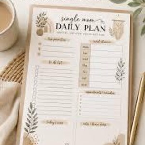 May include: A printable daily planner sheet titled Single Mom Daily Plan with sections for top priorities, a to-do list, a weekly schedule, appointments, and notes. The design features beige and brown abstract shapes and botanical illustrations.