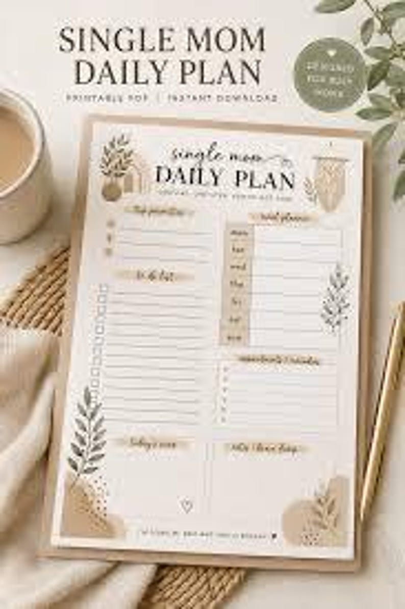 May include: A printable daily planner sheet titled Single Mom Daily Plan with sections for top priorities, a to-do list, a weekly schedule, appointments, and notes. The design features beige and brown abstract shapes and botanical illustrations.