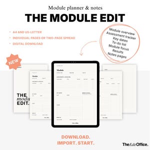 Könnte beinhalten: Ein digitaler Modulplaner und Notizvorlage mit dem Titel THE MODULE EDIT, verfügbar in A4 und US-Letter-Formaten. Das Display zeigt einen Tablet-Bildschirm mit Modulbewertungs-Tracker, wichtigen Terminen, To-Do-Liste und Notizseiten.