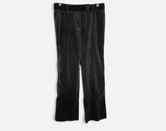 Pantaloni vintage anni '90 DKNY in velluto nero, vita bassa, modello svasato, taglia 4, stile Y2K Office Siren Whimsygoth, pantaloni a zampa in velluto per la sera.