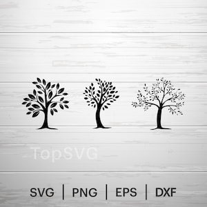 May include: Three black tree silhouettes displayed in a row. Each tree features a distinct branch and leaf pattern. The text TopSVG is visible in the lower left, and the text SVG | PNG | EPS | DXF is centered at the bottom of the image.