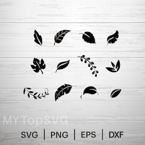May include: A collection of twelve black leaf silhouettes arranged in three rows, featuring various botanical shapes including simple oval leaves, serrated edges, and curved vine-like stems, with the text MYTopSVG SVG PNG EPS DXF below.