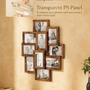 May include: A multi-opening wall collage photo frame with a rustic brown wood-grain finish. The frame features ten rectangular openings arranged in a cluster, each containing a black and white photograph. Text reads ShopflexStudio.