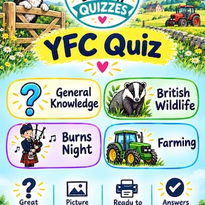 以下が含まれることがあります： Lorna's Lovely Quizzes YFC Quizのデジタルチラシ。フェンスの上のボーダーコリー、赤いトラクター、4つのカテゴリーボックス（General Knowledge、British Wildlife、Burns Night、Farming）が描かれています。印刷用アイコン付き。