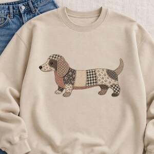 Patchwork Dachshund Sweatshirt | Quilted Sausage Dog Crewneck