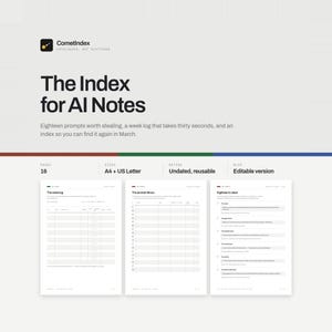 Könnte beinhalten: Ein digitales Dokument mit dem Titel The Index for AI Notes von CometIndex. Es umfasst 16 Seiten in den Formaten A4 und US Letter, inklusive Wochenprotokoll, Prompt-Bibliothek und achtzehn Prompts. Das Layout ist undatiert, wiederverwendbar.