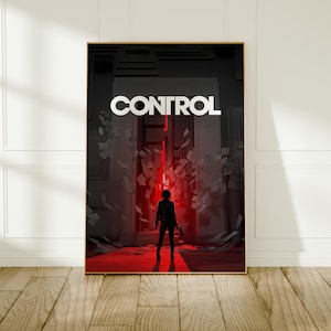 May include: A rectangular wall art print featuring a dark, atmospheric scene with the word CONTROL in white capital letters at the top. A silhouette of a person stands in a doorway emitting a bright red glow, surrounded by floating white papers.