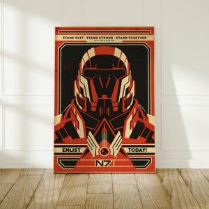 May include: A rectangular poster featuring a stylised illustration of a helmeted figure in red, black and cream. Text reads: STAND FAST STAND STRONG STAND TOGETHER JOIN THE ALLIANCE ENLIST TODAY! N7. The design uses bold geometric lines and a distressed texture.