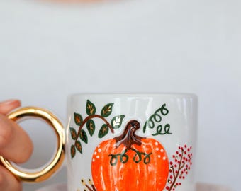 Ceramic Cug Handmade, Pumpkin Mug, Hand Embroidered Cup,Gift Cup, 170 ml