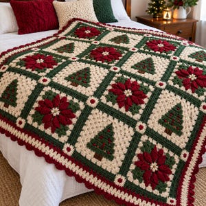 May include: A crochet blanket featuring a repeating grid pattern of cream-colored squares. Each square contains either a dark red poinsettia flower or a green Christmas tree with brown trunks. The blanket is bordered by a dark red scalloped edge.