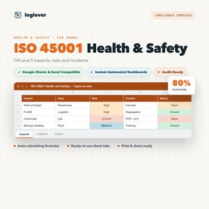 May include: A digital ISO 45001 Health & Safety compliance template featuring a spreadsheet interface with columns for Hazard, Area, Risk, Control, and Status. The display includes an 80% Conformity badge, auto-calculating formulas, and tabs.