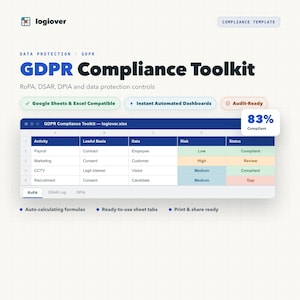 Peut inclure: Un modèle numérique de boîte à outils de conformité RGPD par logiover présentant une interface de feuille de calcul avec des colonnes pour Activité, Base légale, Données, Risque et Statut. Il inclut un indicateur de conformité à 83% et des onglets RoPA, DSAR Log et DPIA.