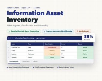 Information Asset Inventory Template, Excel Google Sheets, CIA Rating, Criticality Dashboard (Digital Download)