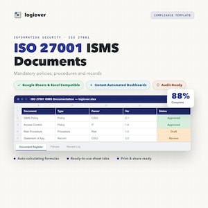 May include: A digital template for ISO 27001 ISMS documents by logiover. The interface displays a spreadsheet titled ISO 27001 ISMS Documentation with columns for document, type, owner, version, and status, showing an 88% completion progress.
