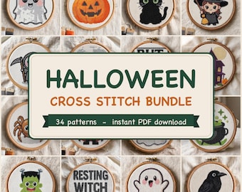 Halloween Cross Stitch Pattern Bundle, 34 Cute Spooky PDF Designs, Kawaii Ghost Witch Cat Set