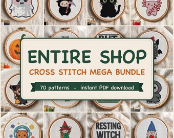 Cross Stitch Pattern Mega Bundle, 70 Cute Funny Halloween Christmas PDF Designs, Entire Shop
