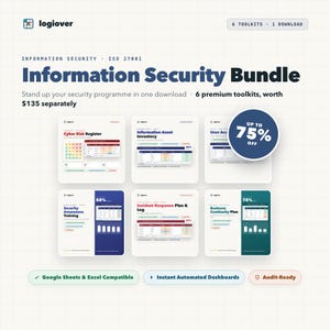 May include: An Information Security Bundle digital product featuring six toolkits including a Cyber Risk Register, Information Asset Inventory, User Access, Security Awareness Training, Incident Response Plan, and Business Continuity Plan with a 75% off badge.