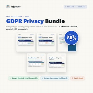 May include: A digital GDPR Privacy Bundle by logiover featuring 5 toolkits in one download. The graphic displays five software interface previews including a GDPR Compliance Toolkit, DPIA Assessment Toolkit, ISO 27701 Privacy Plan, Data Retention Schedule, and Compliance Obligations Register with a blue 75% off badge.