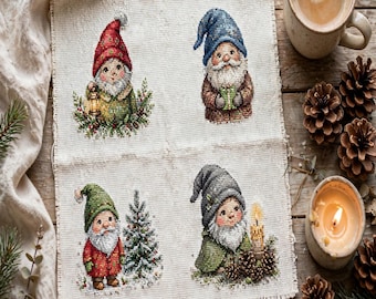 Gnome Minis Cross Stitch Pattern Set, 4 Cute Christmas Gnome PDF Charts