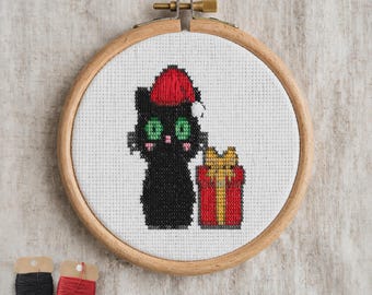 Christmas Black Cat Cross Stitch Pattern, Cute Santa Kitty Embroidery PDF, Meowy Holiday Chart