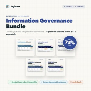 Peut inclure: Un ensemble de gouvernance de l'information comprenant cinq boîtes à outils : calendrier de conservation des données, inventaire des actifs, accès utilisateur, registre de conformité et documents ISO 27001 avec un badge de réduction de 75 %.