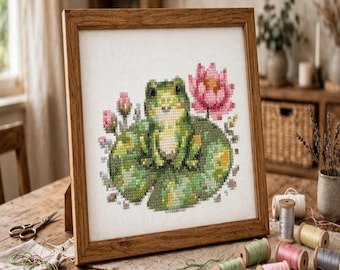 Frog Cross Stitch Pattern Mini Lily Pond PDF Chart Cute Gift Decor