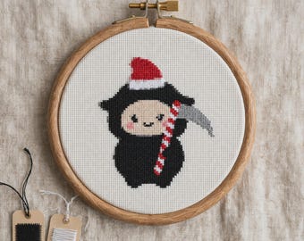 Christmas Grim Reaper Cross Stitch Pattern, Creepy Cute Santa Embroidery PDF, Gothic Holiday Chart