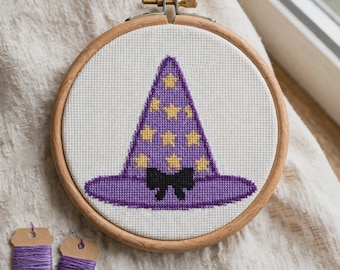 Witch Hat Cross Stitch Pattern, Purple Starry Halloween Embroidery PDF, Witchy Beginner Chart