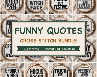 Funny Quote Cross Stitch Pattern Bundle, 14 Snarky Sarcastic PDF Designs, Halloween Christmas Set